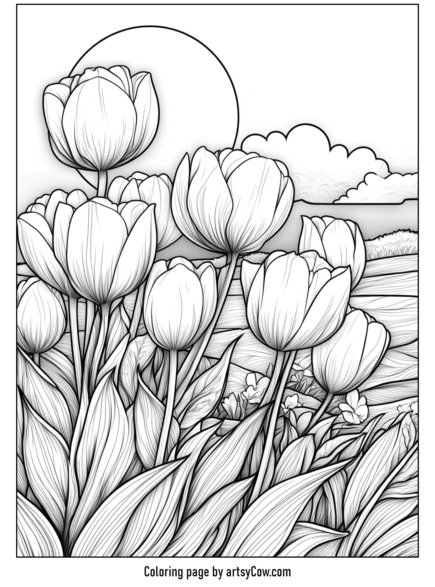Tulip Coloring Pages featuring a serene field of tulips at sunset with a big sun and fluffy clouds in the background.